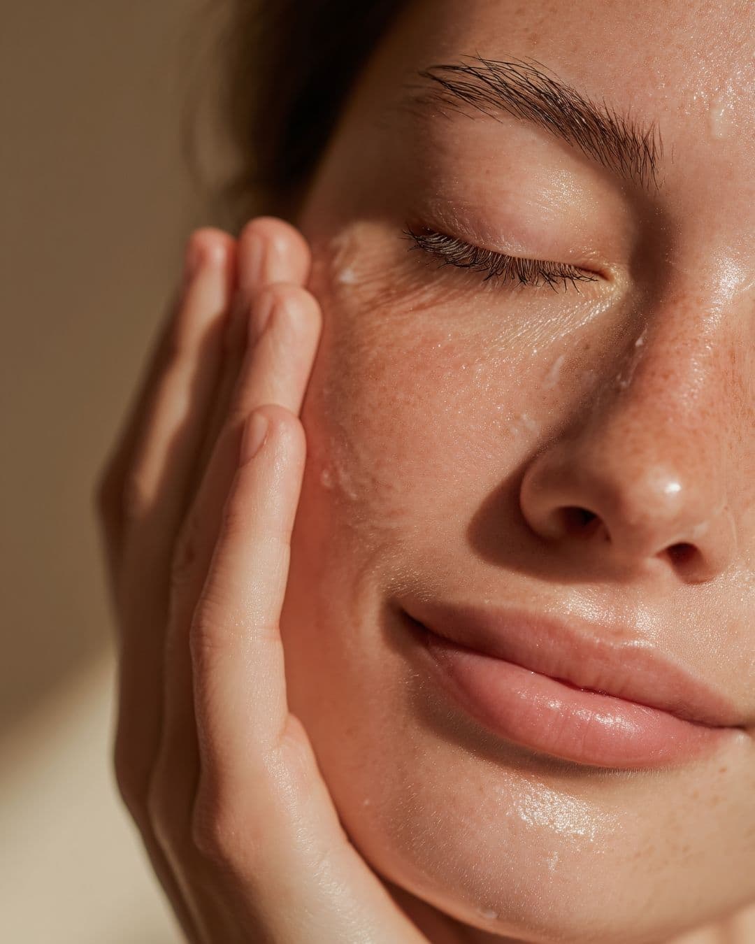 Frau hält Hände sanft ans Gesicht, geschlossene Augen, gepflegte Haut