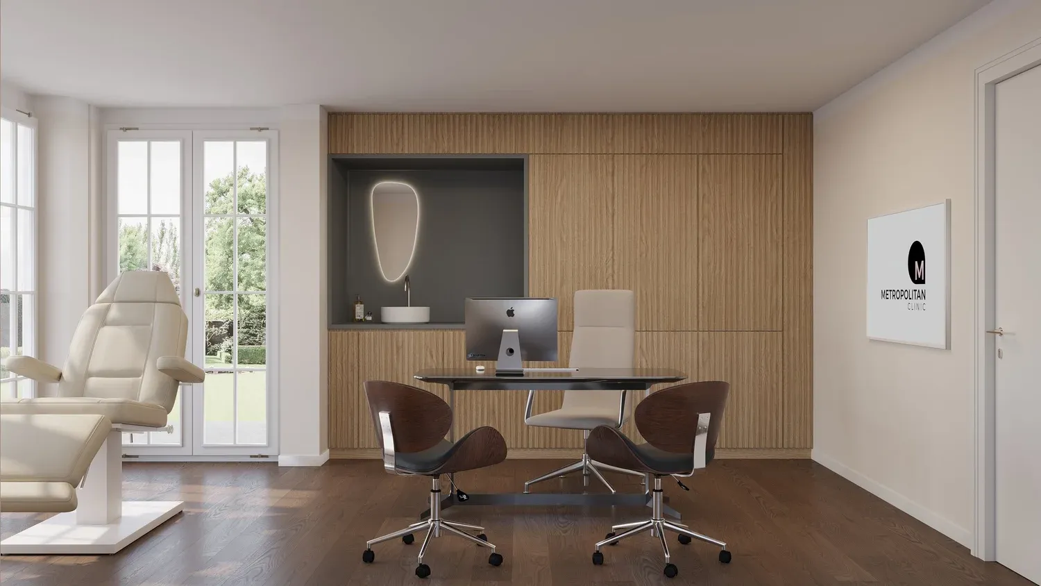 Beratungszimmer der Metropolitan Clinic Zürich, elegante Einrichtung mit Schreibtisch und Stühlen