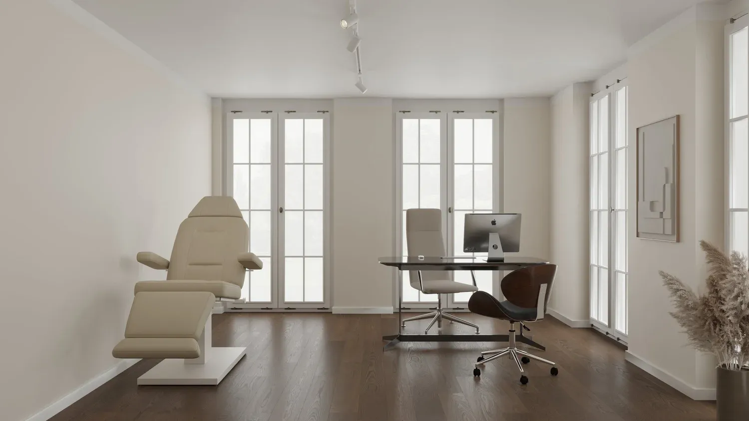 Helles Behandlungszimmer der Metropolitan Clinic Zürich mit Behandlungsliege und Tageslicht