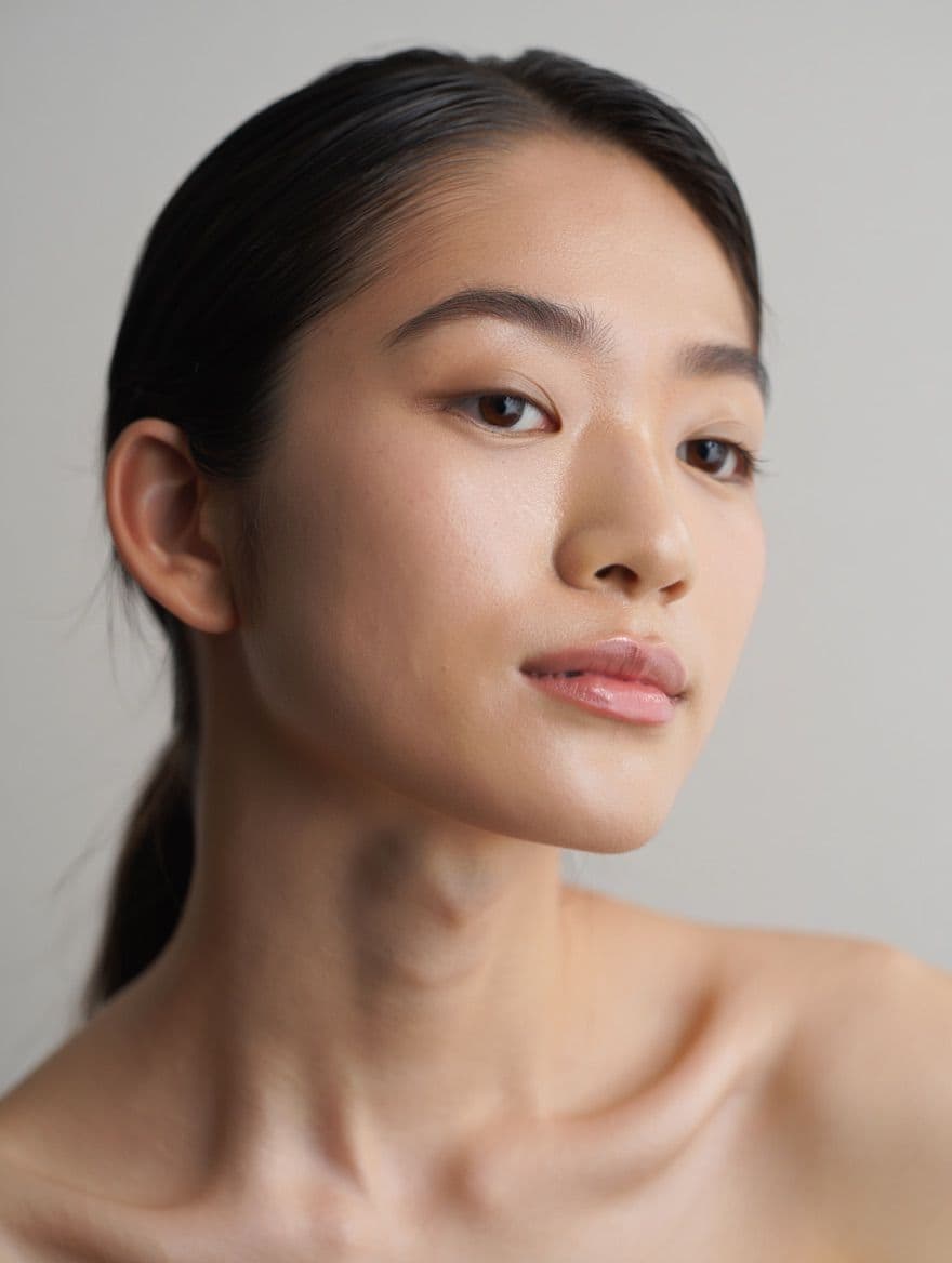 Asiatische Frau mit klarem Teint, natürliches Gesichtsportrait vor hellem Hintergrund